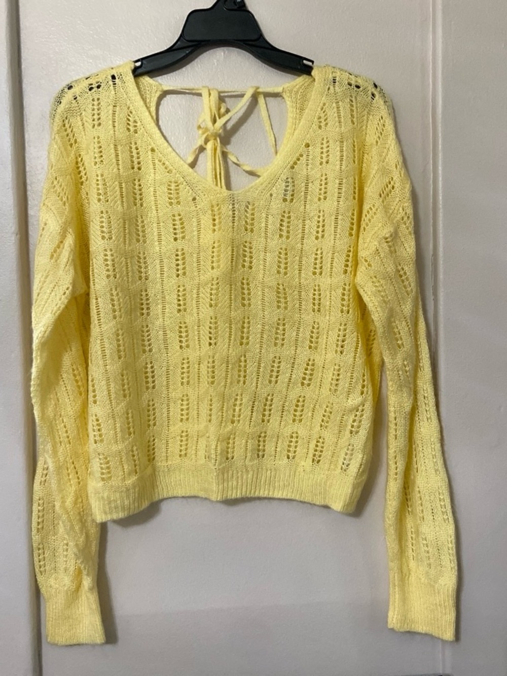 Francesca's Collections Pale Yellow Open-Knit V-Neck Sweater with Back Tie